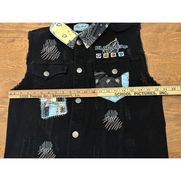 Blac Leaf Vest Men’s Paisley Twill Distressed Embroidered Rave Large Black Vest - Picture 13 of 14